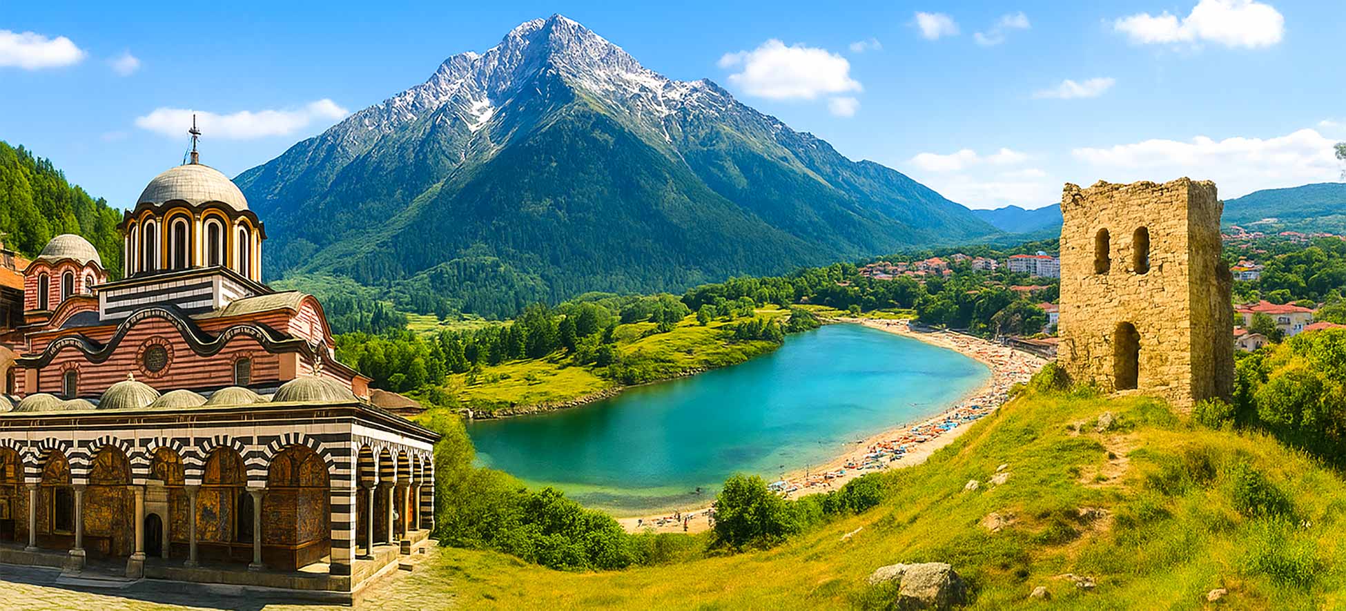 Paisaje de Bulgaria con montañas, lago, el Monasterio de Rila y una torre histórica.